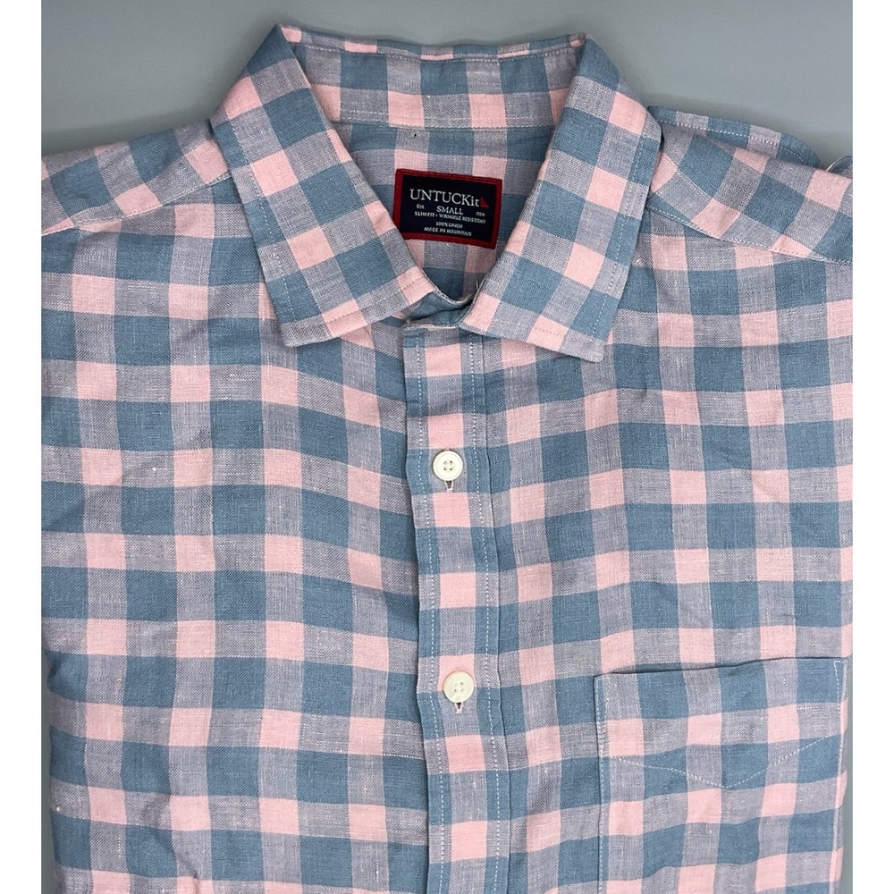 UNTUCKit Mens Small Slim Fit 100% Linen Pink Blue Gingham Button Down Shirt